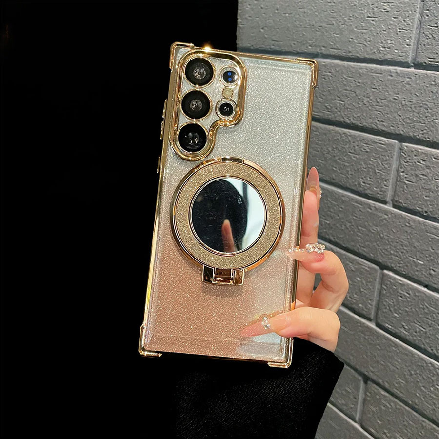 กระจกเงา วงเล็บ เคสโทรศัพท์เคลือบแม่เหล็ก สำหรับ สำหรับ Samsung Galaxy S25 Plus S25 Ultra S24 S23 S22 S23 FE S24 FE เคสกันกระแทกป้องกันกล้อง