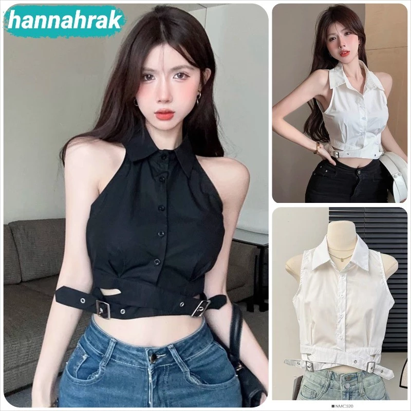 (ส่งจากกรุงเทพฯ)เสื้อแขนกุดสำหรับผู้หญิง เสื้อเชิ้ตเอวเว้า มีกระดุม สีพื้น เซ็กซี่เบาๆ ทรงสวย สไตล์ลำลอง(สีขาว+สีดำ)