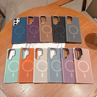 ที่ยึดเลนส์ล่องหนแม่เหล็กโลหะผสมหรูหรา เคสระบายความร้อนแบบตาข่ายสำหรับ Samsung Galaxy S25 Ultra Plus S24 S23 Ultra Plus ปกแข็งกันกระแทก
