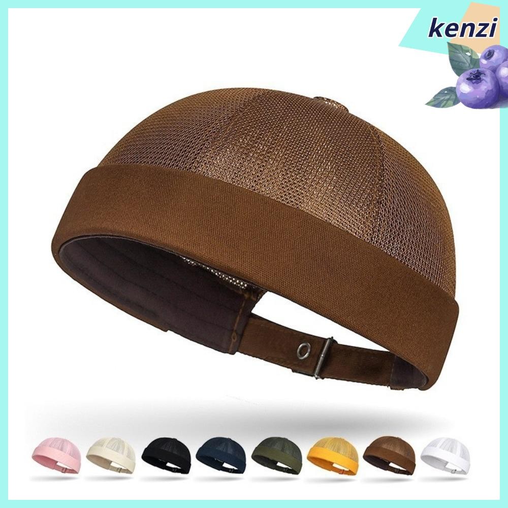 KENZI หมวก Docker ไม่มีปีก, หมวกบีนนี่ตาข่ายสีทึบแบบปรับได้, หมวกกะโหลกศีรษะระบายอากาศย้อนยุคแบบสบาย ๆ