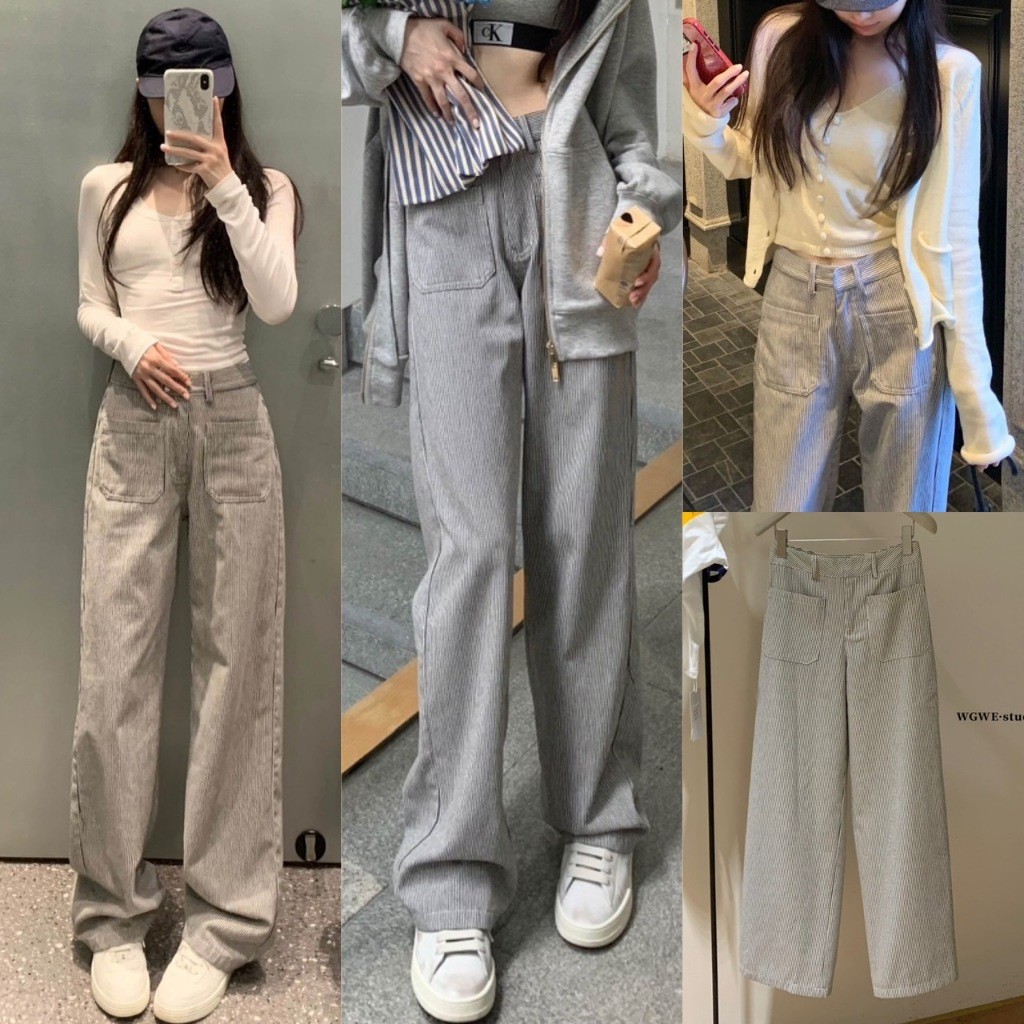 🎀 🇰🇷 W5247 กางเกงขายาวผ้ายีนส์ ทรงกระบอกเบสิค ลายริ้ว งานสวย ทรงน่ารัก แฟชั่นเกาหลี TAG WG.WE 🎀🎀