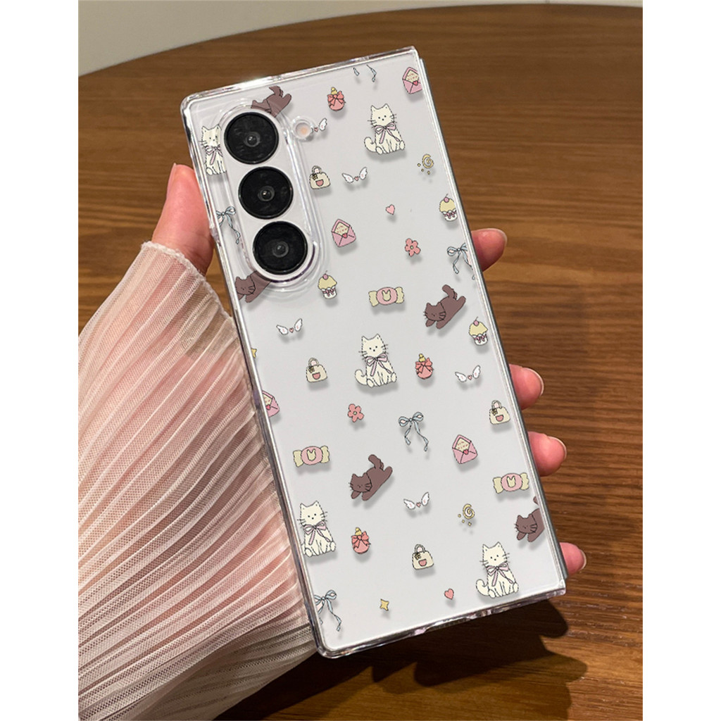 น่ารักเต็มหน้าจอ Cat Kitty โปร่งใสสําหรับ Galaxy Z พับ 5 6 Z Fold6 Fold5 Zfold5 Zfold6 Z พับ 5 Fold4 Fold7 กันกระแทก Clear แบบพกพาปกหลัง