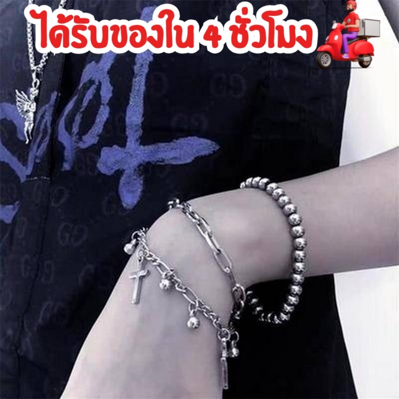 สร้อยข้อมือโซ่ สร้อยข้อมือ 2 ชั้น เครื่องประดับแฟชั่น รูปไม้กางเขนสลับกระดิ่ง กำไลข้อมือ เกาหลี สร้อยข้อมือ