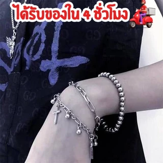 สร้อยข้อมือโซ่ สร้อยข้อมือ 2 ชั้น เครื่องประดับแฟชั่น รูปไม้กางเขนสลับกระดิ่ง กำไลข้อมือ เกาหลี สร้อยข้อมือ