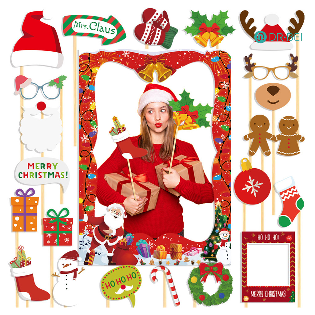 Dr.bei 21 ชิ้น Christmas Photo Booth Props DIY การถ่ายภาพมือถือ Props ชุดคริสต์มาสรูปแบบกระดาษการ์ดไม้ Sticks Party Supplies สําหรับครอบครัวเพื่อน