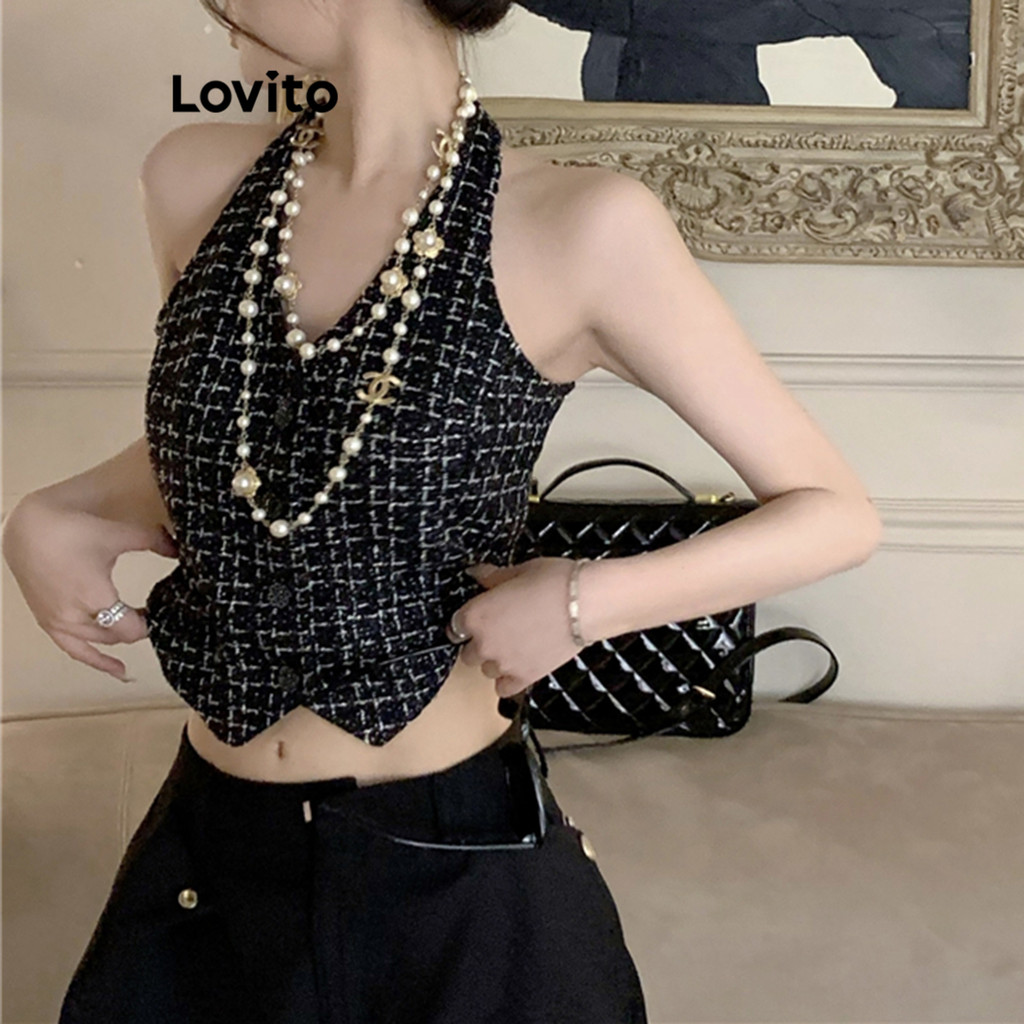 Lovito เสื้อแขนกุด กระดุมหน้า สีพื้น สไตล์ลำลอง สำหรับผู้หญิง LNA17133 (สีดำ)