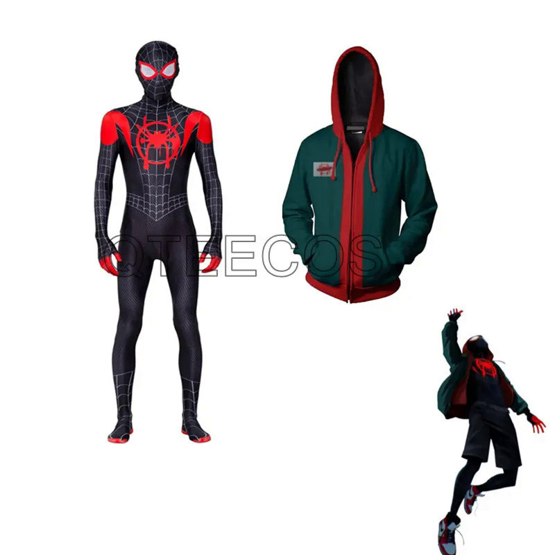 MINISO Spiderman Cosplay Miles Morales Spider Man Jacket Hoodie Costume Bodysuit Zentai Costume Jump