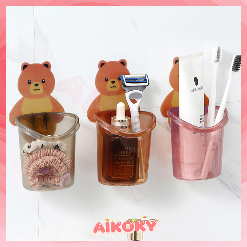 AIKOKY ที่แขวนแปรง ที่วางแปรง ชั้นวางแปรง ที่ใส่แปรง เหมาะสำหรับการจัดเก็บห้องน้ำอุปกรณ์ห้องน้ำ รูปแบบหมี