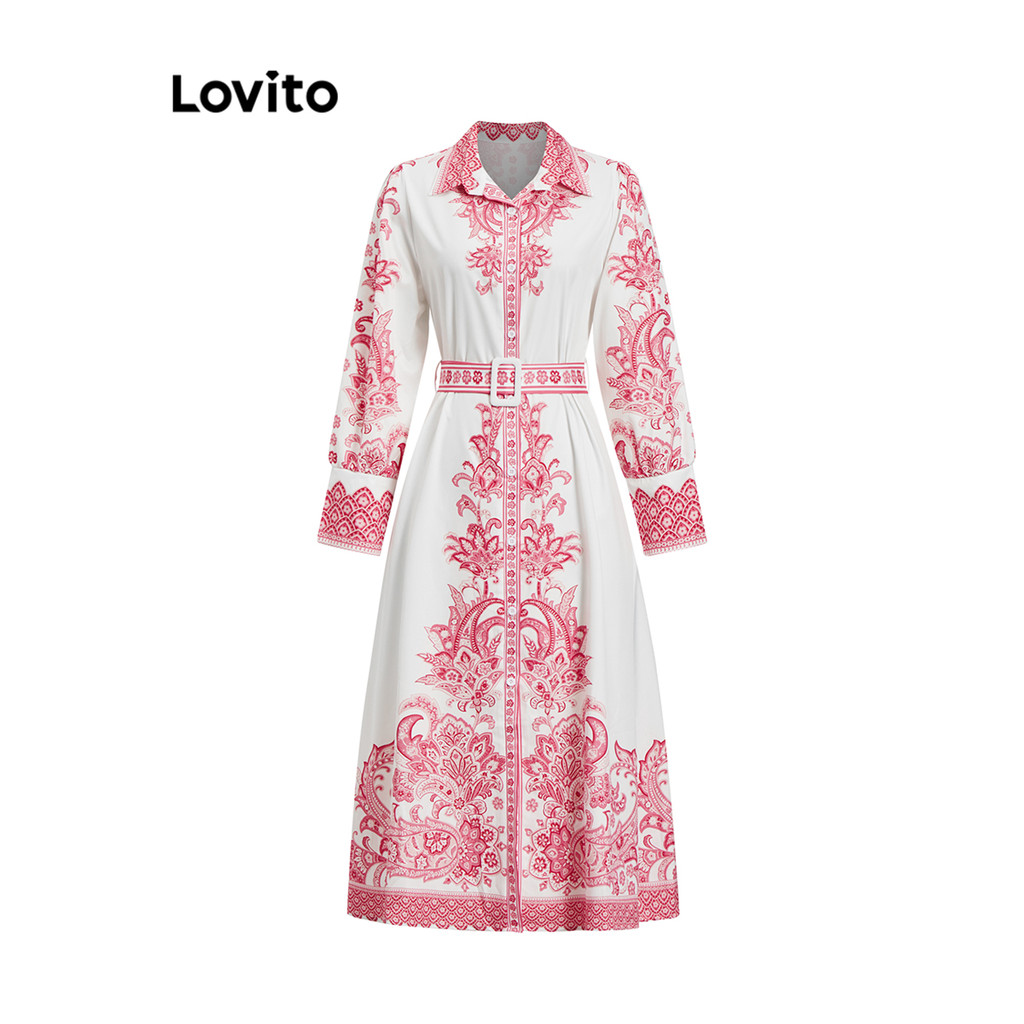 Lovito ชุดเดรสผู้หญิง ผ่าหน้า กระดุมหน้า มีเข็มขัด ลายดอกไม้ สไตล์หรูหรา LNL69033
