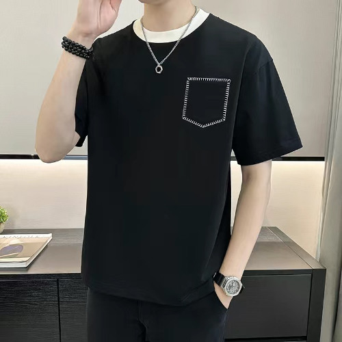 BECoolMan🍃เสื้อยืดผู้ชายยอดนิยม เย็บครึ่งแขนสีตัดกัน การออกแบบระดับไฮเอนด์สำหรับเยาวชน สีล้วน ขยายใหญ่  หลวมแมทช์ลุคง่าย - รูปที่ 2