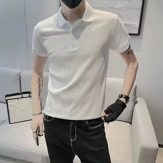 เสื้อpolo ชายลายขวาง เกาหลีแฟชั่น แขนสั้นเสื้อโปโล คอปก ชุดผู้ชาย polo เสื้อโปโล