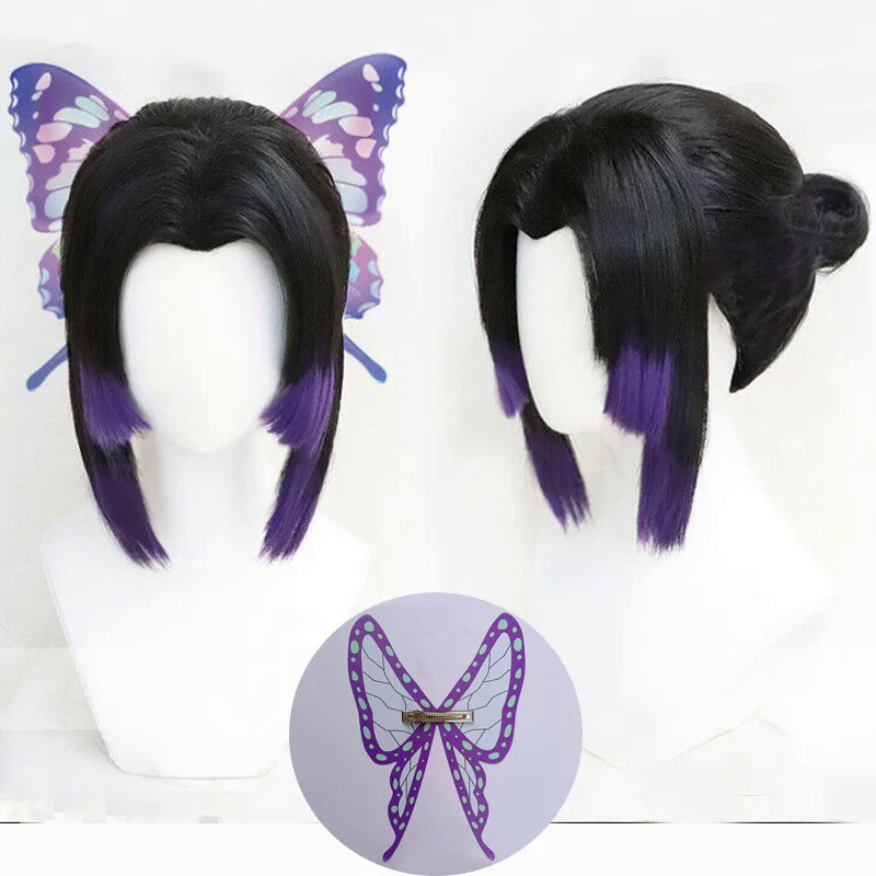 Anime Kochou Shinobu Cosplay Wig Black Purple With Butterfly hairpin Heat Resistant Hair Cosplay Wig