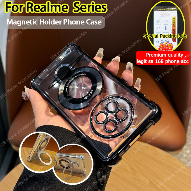 เคส Realme 12 12X 14X 13 14T 14 13+ 15 5G เคส Realme 13 14 12 11 Pro Plus 15 Pro 5G เคสใสเยลลี่กันกระแทกพร้อมแม่เหล็กที่วางโทรศัพท์ขาตั้งเลนส์กล้องหนาถุงลมนิรภัยหรูหรา