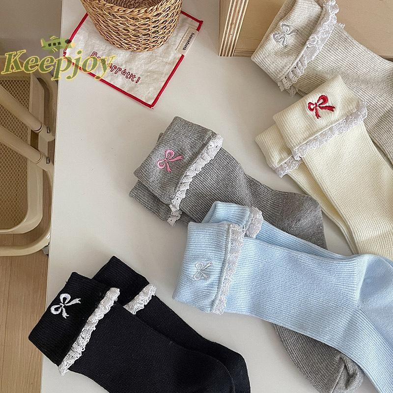 [Keepjoy] Simple All-match Girly Cotton Socks Lace Bow Sweet Sock Casual Breathable Sweat-wicking Mid-tube Socks เครื่องประดับแฟชั่นของขวัญ [ใหม่]