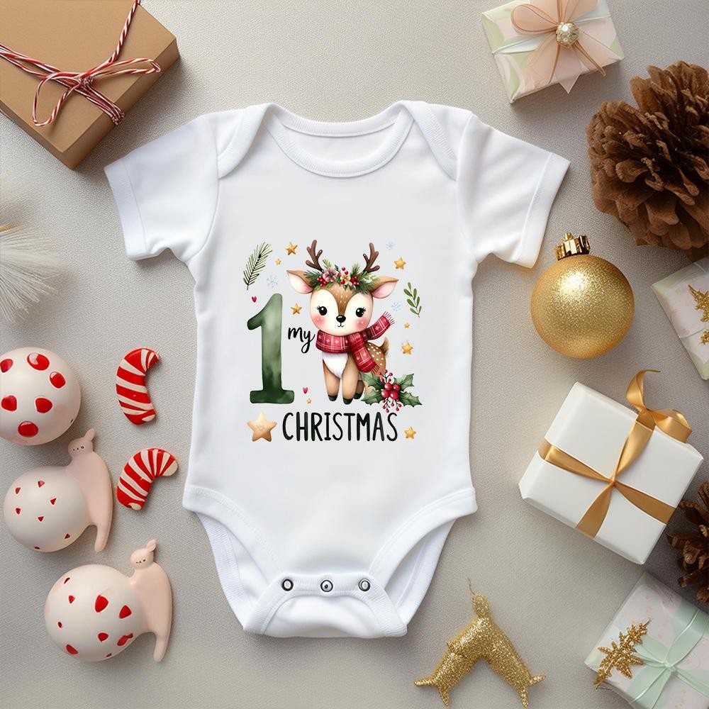My First Christmas Baby Onesie น่ารักคริสต์มาสกวางพิมพ์ทารกแรกเกิด Onesie Christmas Party เด็กทารกเสื้อผ้าคริสต์มาสสาวเสื้อผ้าเด็ก
