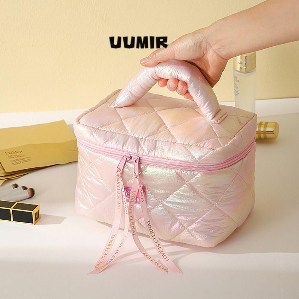 อุมิร์ กระเป๋าแต่งหน้าผ้านวม,กว้างเปิดซิปจับเดินทางแป้งกระเป๋าเครื่องสําอาง, น่ารัก ความจุขนาดใหญ่สุภาพสตรีถุงเก็บสําหรับหญิงสีฟ