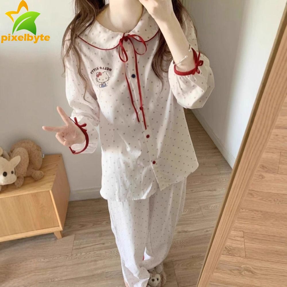 Pixelbyte ชุดนอนแมวคิตตี้, ตุ๊กตาลูกไม้แขนยาวชุด, Soft Dot Loose Homewear สองชิ้นชุดนอนสตรี