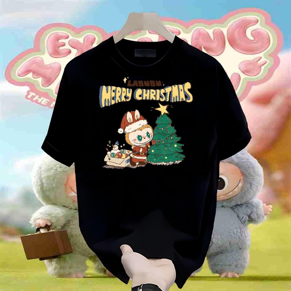 Merry Christmas เสื้อยืดสตรี เสื้อยืด Labubu เสื้อ คอกลมแขนสั้น Oversize หลวม น่ารัก เสื้อยืดพิมพ์ลาย COD