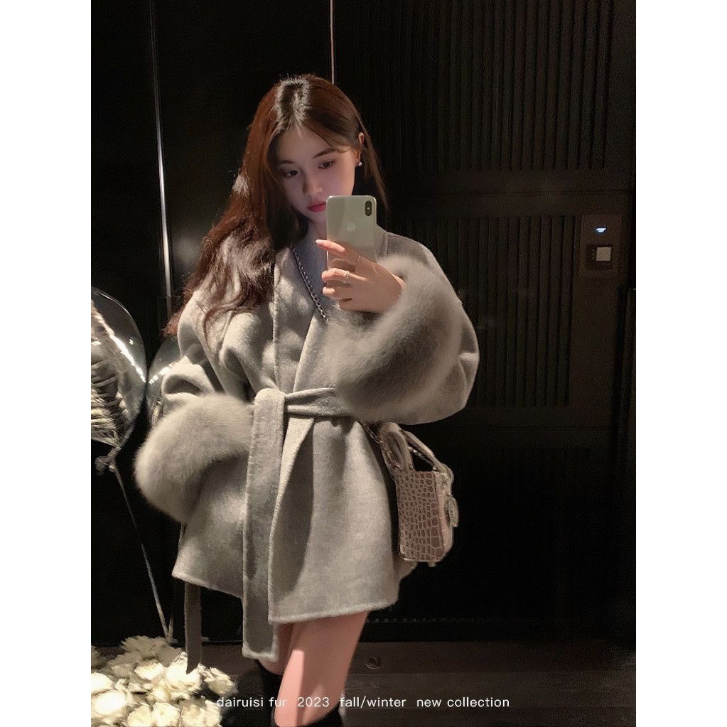 Lace-up Splicing Coat Internet Celebrity Spring and Autumn Loose Thin High-End Shirt Woolen Furry Sl