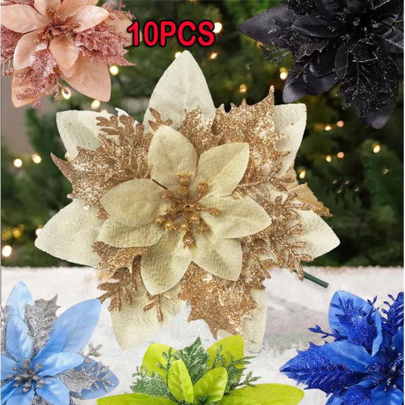 10/5/1pcs 14 ซม.คริสต์มาสดอกไม้ประดิษฐ์ทองสีแดง Glitter Poinsettia เครื่องประดับต้นคริสต์มาส DIY พวงหรีดงานแต่งงานปีใหม่ตกแต่ง