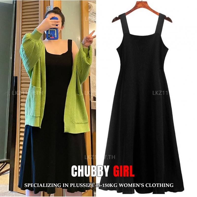 Plus size เสื้อผ้าสาวอวบ เดรสสาวอวบอ้วน ไซส์ใหญ่ ผู้หญิง ชุดเดรสไหมพรม สายเดี่ยว ยาว คอเหลี่ยม สีดำ ฤดูร้อน สไตล์เกาหลีแฟชั่น
