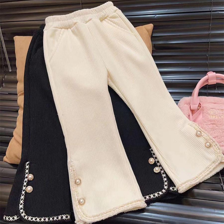 กางเกงขาบานสำหรับเด็กสำหรับฤดูใบไม้ร่วงและฤดูหนาวกางเกงไมโครสไตล์เกาหลีกางเกงผ่าข้างกางเกงลำลองทรงสลิมสำหรับเด็ก