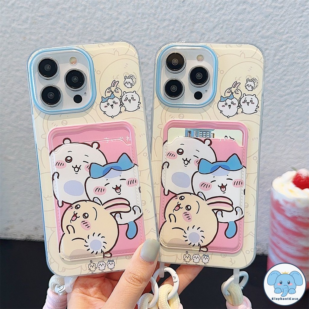 น่ารักการ์ตูน Chiikawa เข้ากันได้เคสไอโฟน 13 16 11 XR 15 14 12 Pro Max 7 8Plus X XS Max SE2020 เชือกกระเป๋าสตางค์บัตรเคส