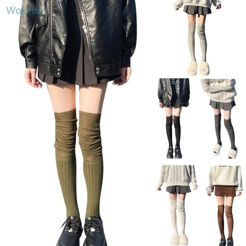 Wake ผู้หญิง Slouch Top Over เข่าถุงน่องนักเรียน Ribbed ถักถุงเท้ายาวต้นขา