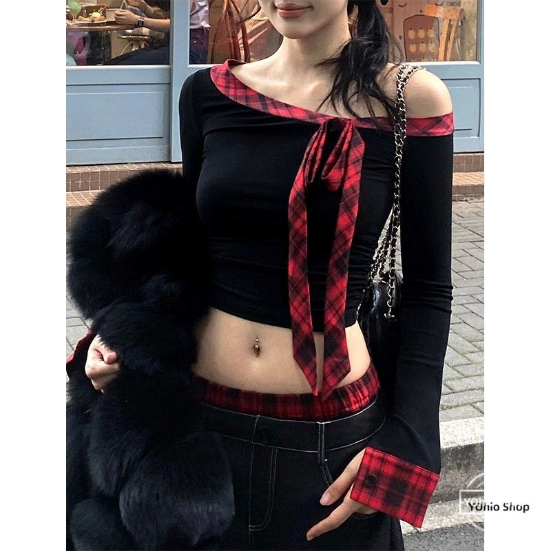 เสื้อยืดแขนยาวไหล่เอียงย้อนยุคเซ็กซี่ฤดูใบไม้ร่วงของผู้หญิง
