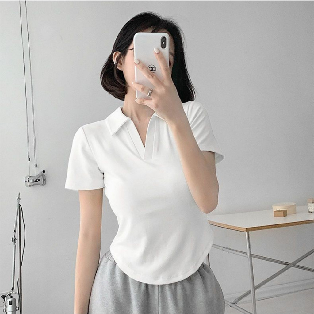 เสื้อยืดผู้หญิงไซส์ใหญ่คอโปโลแขนสั้นจั๊มยางยืดเอวทรงสลิม - ก178