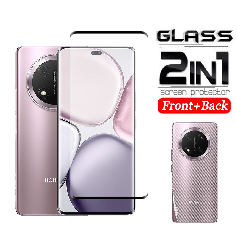 2 in 1 กระจกนิรภัยโค้งสําหรับ Honor X9C X9a X9b 5G X8C X7C X7b X8b X7a X8a 200 90 Pro Full Coverage Screen Protector ฟิล์มป้องกันและคาร์บอนไฟเบอร์กลับฟิล์ม