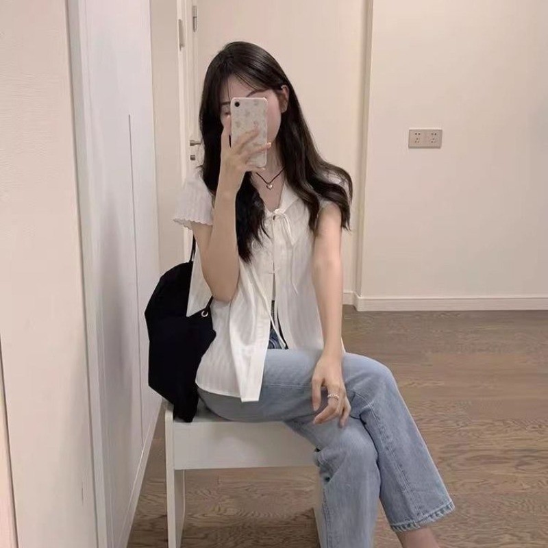 🧡LINNA🧡เวอร์ชั่นเกาหลี สีทึบ แขนสั้น เสื้อเชิ้ต ความเรียบง่าย หวาน