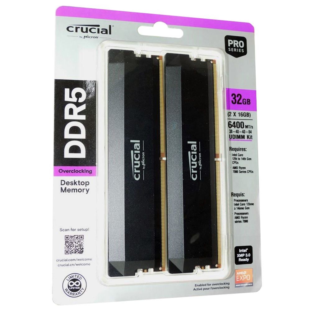Crucial Pro Overclocking 32GB (2x16GB) DDR5 6400MHz UDIMM RAM Desktop Memory Kit, CP2K16G64C38U5B