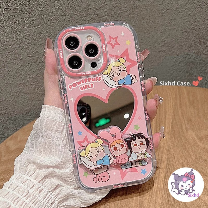สําหรับ Samsung A12 A13 A14 A03 A05 A05s A15 A55 A35 A34 A54 A32 A02s A24 A25 A51 A10s S23FE S24 Ultra การ์ตูนน่ารัก Powerpuff สาวกระจกกรณี + Holder นุ่ม + H