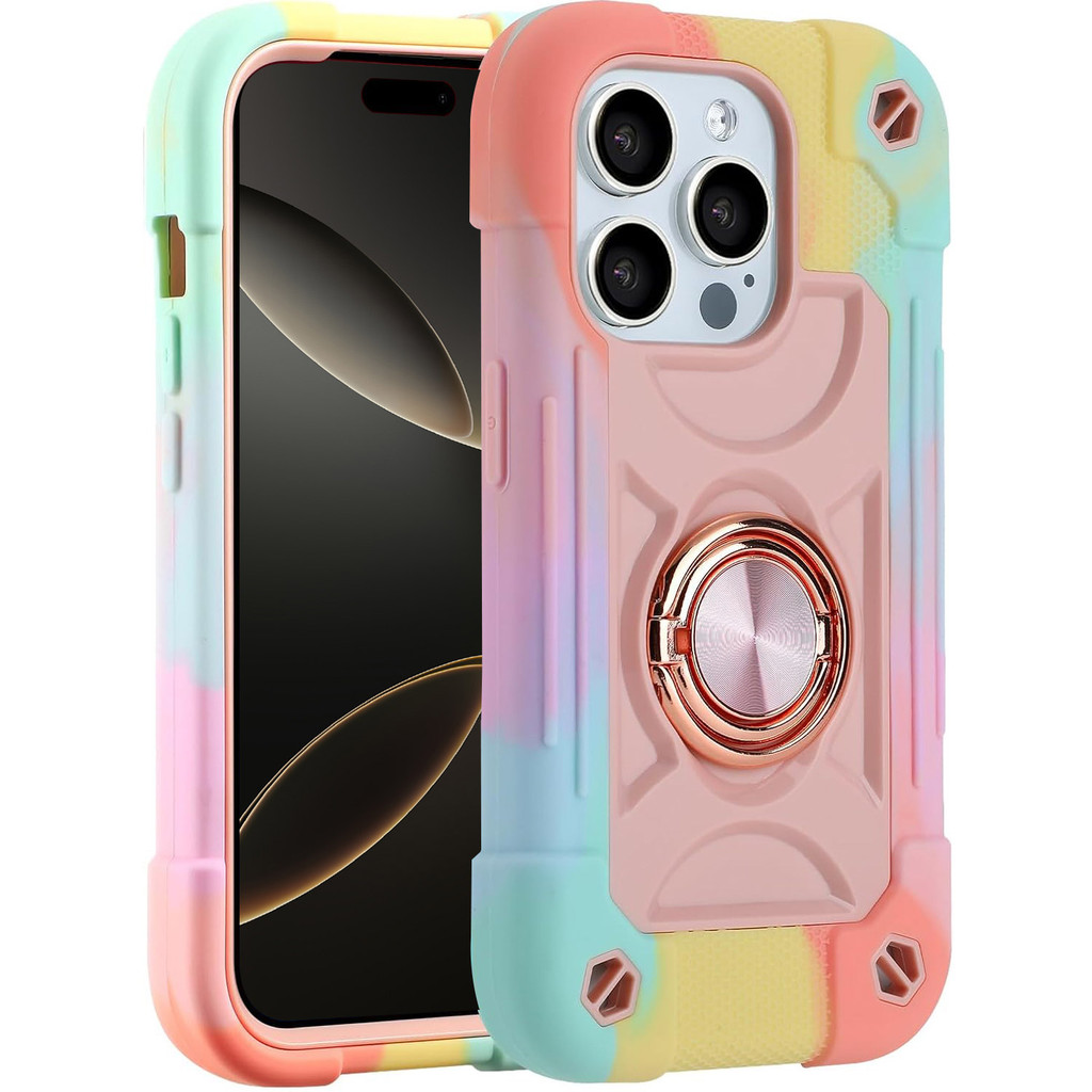 สําหรับ iPhone 16 15 14 Plus 13 12 Mini 11 Pro Max Case พร้อมขาตั้งแหวนคู่,ฝาครอบโทรศัพท์กันกระแทกเกรดทหารสําหรับงานหนัก (สีรุ้ง)