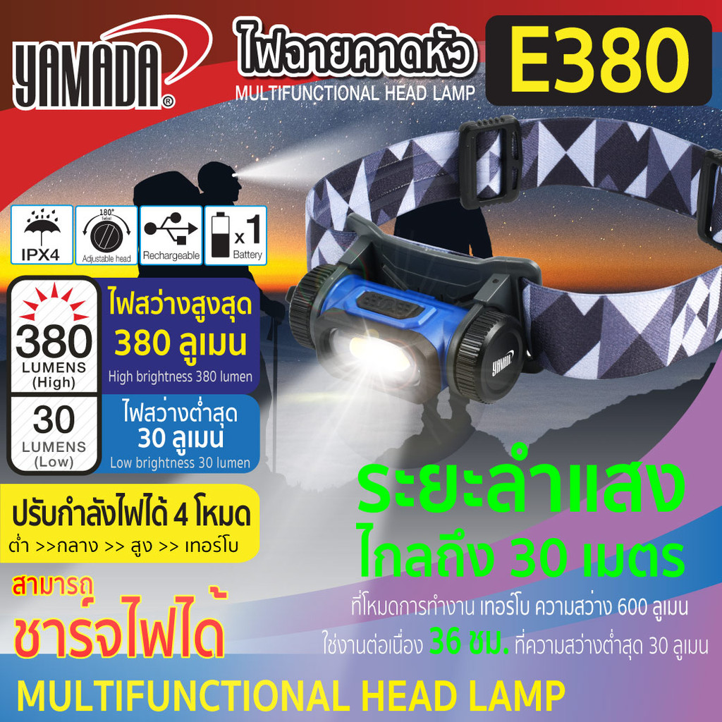 ไฟฉายคาดหัว รุ่น E380 YAMADA ใช้งานต่อเนื่องสูงสุด 36 ชั่วโมง
