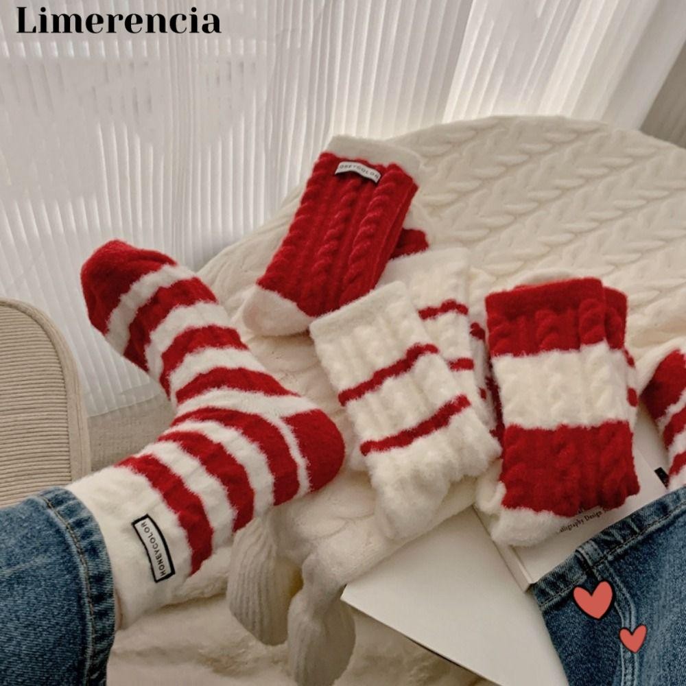 Limerencia Mink Velvet Socks,ฤดูใบไม้ร่วงฤดูหนาวผู้หญิงถุงเท้าความร้อน,Thicken Home Sleep Floor Socks Plush Red Stripe ถุงเท้า