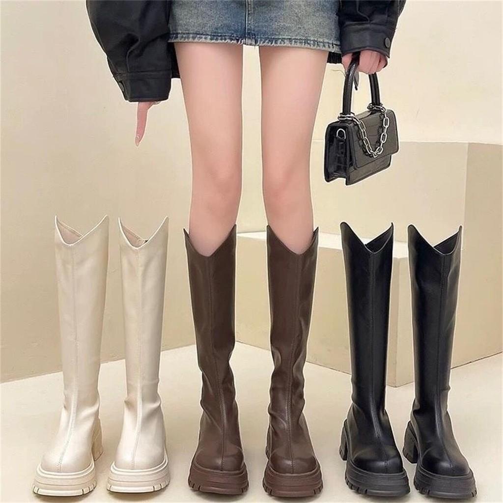 พื้นหนา หัวมน รองเท้าบูทสูง ซิปหลัง รองเท้าอัศวินผู้หญิง 2.36นิ้ว สไตล์แฟชั่น แสดงผอม แสดงความยาวขา