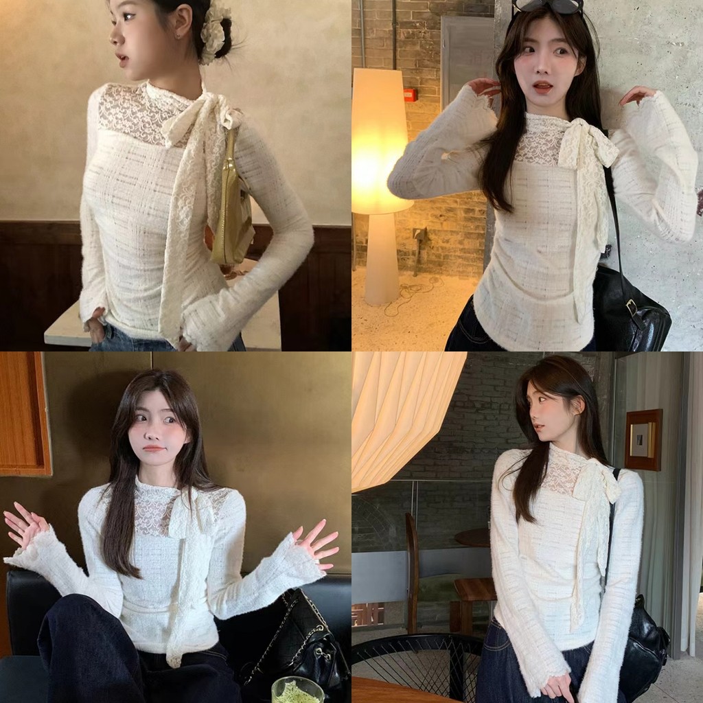 🥭Evelyn🥭​เสื้อไหมพรมแขนยาว สไตล์เกาหลี แต่งลูกไม้ ดีเทลคอเต่าแต่งผูกโบว์ ทรงสวย แฟชั่น ใส่สบาย#8K160