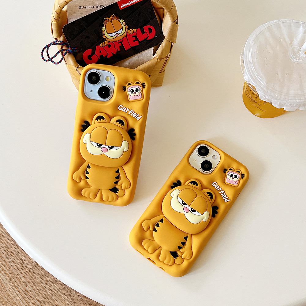 Funny Garfield Cat Cover With Stand Holder Soft Silicone Case for iPhone 16 15 14 Plus 13 12 11 Pro Max