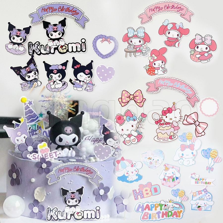 Kuromi Kitty เค้กวันเกิดแฮปปี้ Toppers Kitty Melody Cinnamoroll Cupcake Topper สําหรับเด็กวันเกิด Party เค้กธงของขวัญตกแต่ง