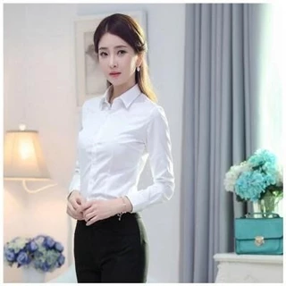เสื้อเชิ้ตแขนยาวทางการธุรกิจสําหรับทํางานและสํานักงาน คอปกสีทึบ แบบสลิมฟิตสำหรับผู้หญิง