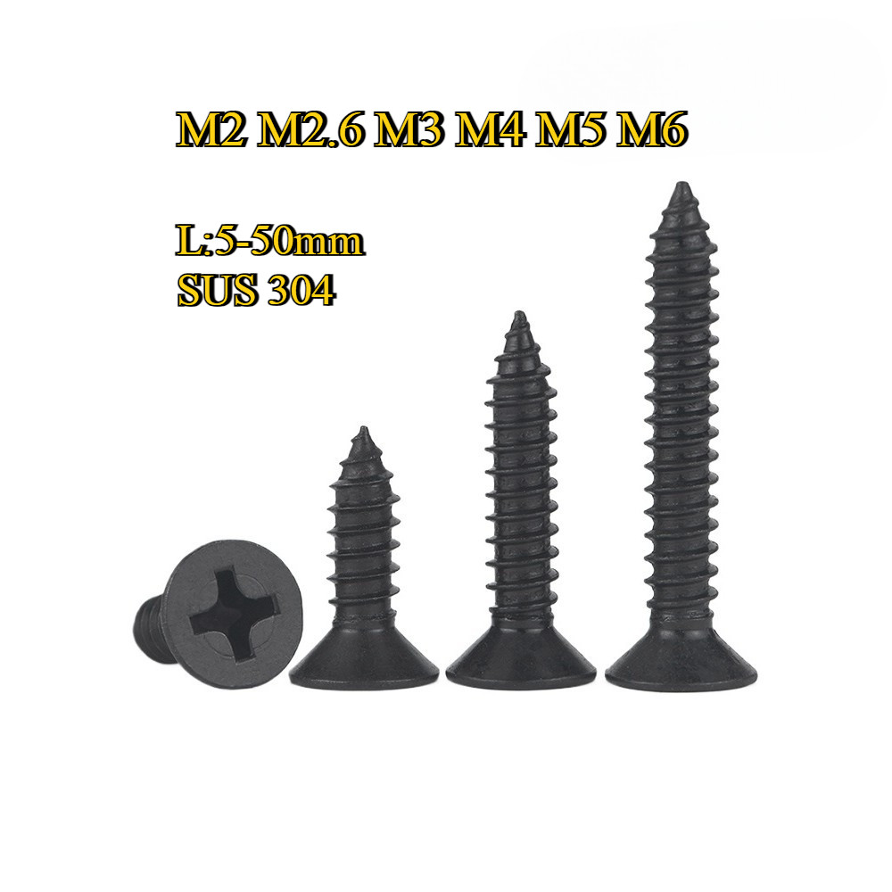 [จัดส่งด่วน] (WJX1) M2M2.6M3M4M5M6 น็อต สกรู หัวเตเปอร์ แฉก F+ สแตนเลส 304 สีดำ เกลียวปล่อย / Flat Head Phillip Tapping Screw Black SUS304 [XSP]