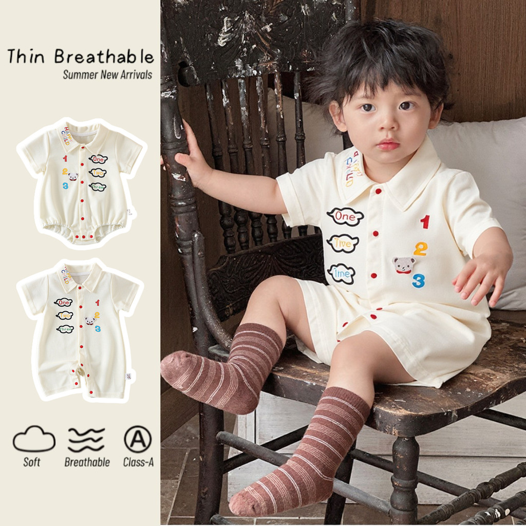 ชุดบอดี้สูทแขนสั้นสําหรับเด็กฤดูร้อนบาง 0-24 เดือนโปโลหมีสุดน่ารัก ชุดรอมเปอร์ สไตล์เกาหลีเสื้อผ้าออกนอกบ้าน