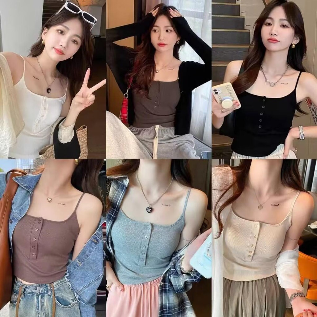 CY.เสื้อสายเดี่ยวผู้หญิง แนวน่ารัก แต่งกระดุม มีฟองน้ำเย็บติด ใสสบาย ผ้านุ่ม แต่งตัวง่าย น่ารักก Clothing Women สีเทา