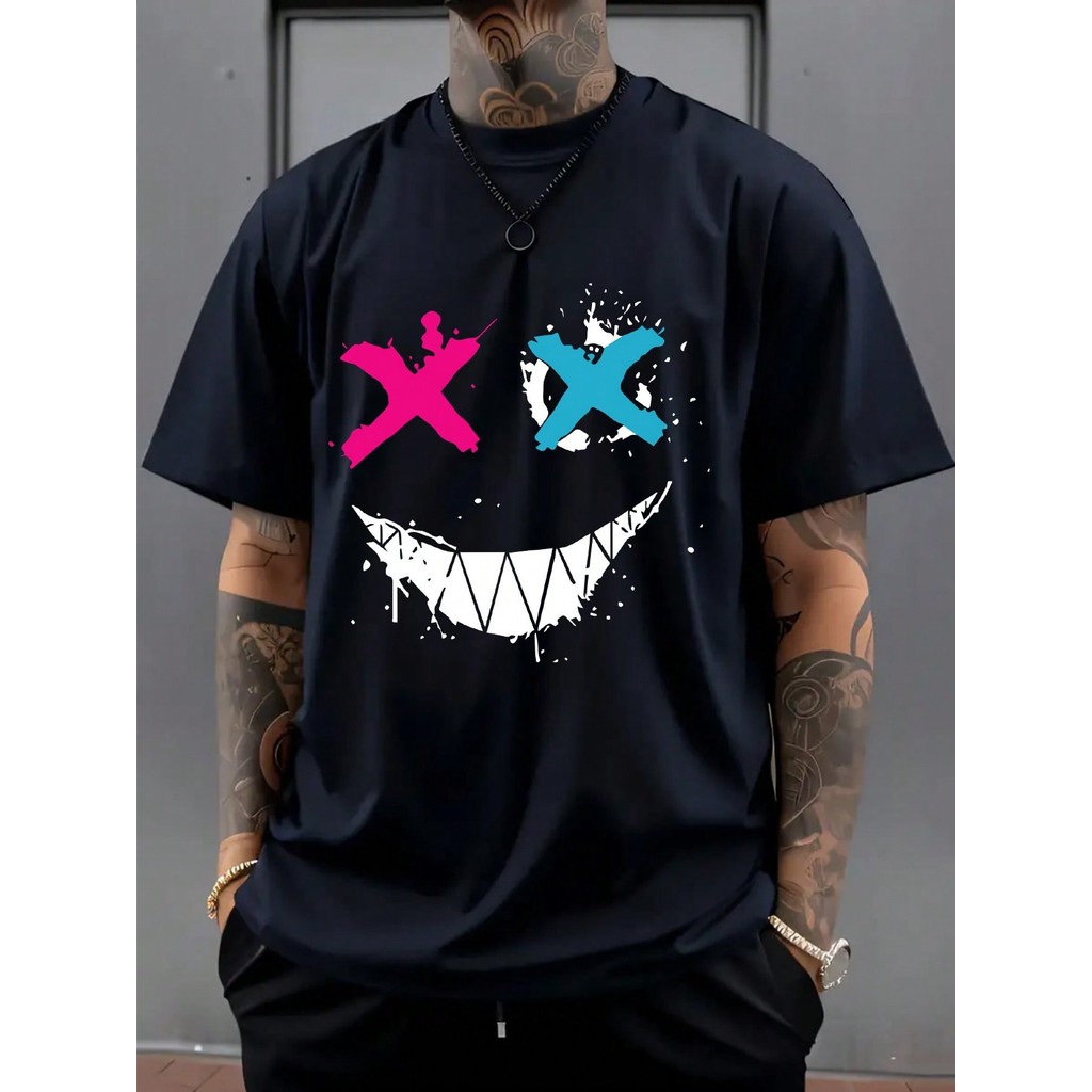 ผู้ชายที่เรียบง่ายตลกยิ้มพิมพ์รอบคอแขนสั้นเสื้อยืดอิโมจิชั่วร้าย