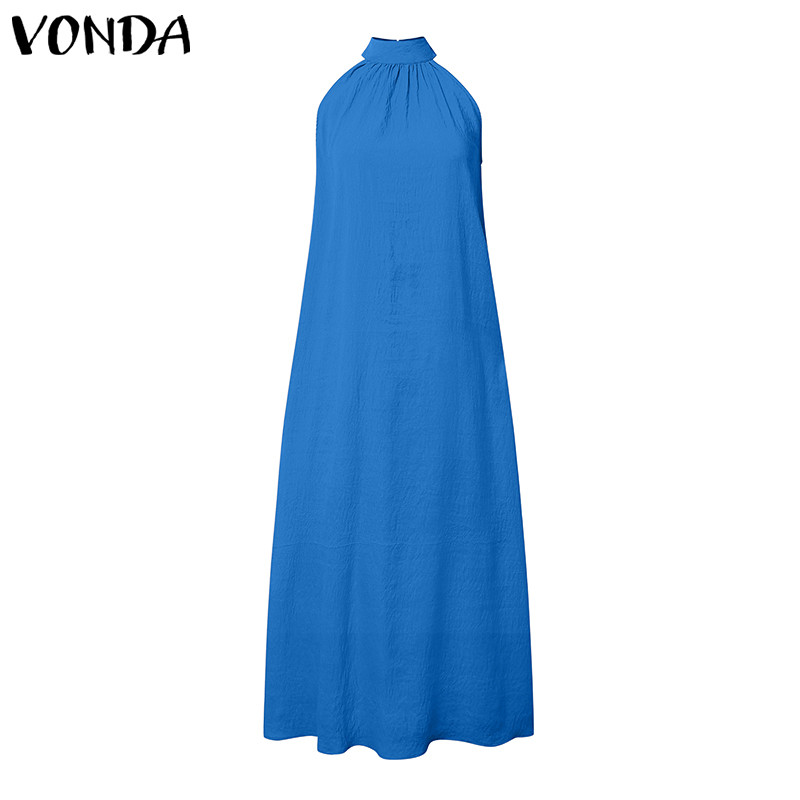 Vonda ชุดเดรสวันหยุดลําลองแขนกุดสีทึบวินเทจสําหรับผู้หญิง