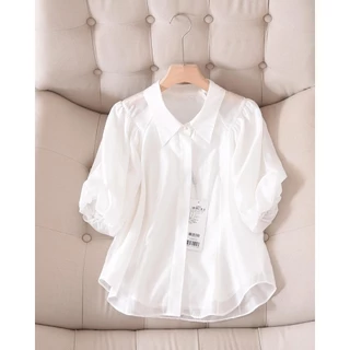ฟิตหลวม คอปกพับได้ แขนพัฟแบบปุ่มเดียว ระบายอากาศได้ สีพื้นบาง เสื้อเชิ้ตผู้หญิง