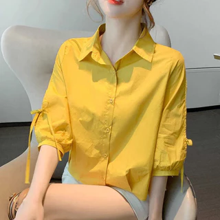 เสื้อเชิ้ตแขนยาวปานกลางสำหรับผู้หญิงผ้าชีฟองฤดูใบไม้ผลิและฤดูร้อนแบบใหม่หลวมระบายอากาศแขนโคมไฟผู้หญิงแขนสั้นแมทช์ลุคง่าย