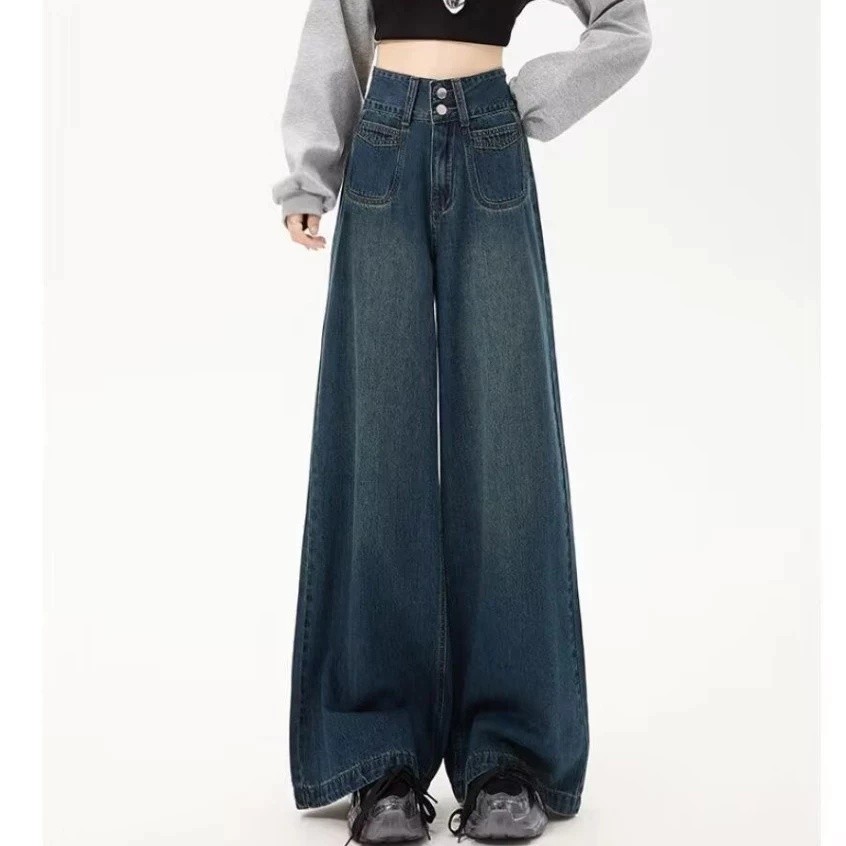 Rommers ปุ่มคู่สีฟ้าอ่อนย้อนยุคกางเกงยีนส์เอวสูงผู้หญิงสบายๆทุกการแข่งขัน ผอมลง ดูหลวมตรงกางเกงขากว้าง